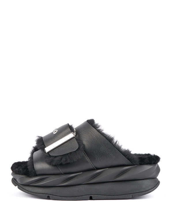 Mellow Shearling Laze Slide | Black Nappa