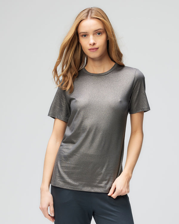 Metallic Short Sleeve Crew Neck | Carbone