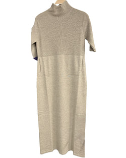 Lamberto Losani Cashmere T Neck Elbow Sleeve Dress Travertine beige cream on white background well heeled boutique stowe vermont