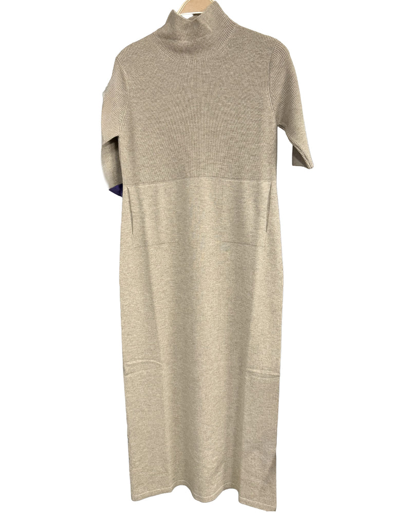 Lamberto Losani Cashmere T Neck Elbow Sleeve Dress Travertine beige cream on white background well heeled boutique stowe vermont