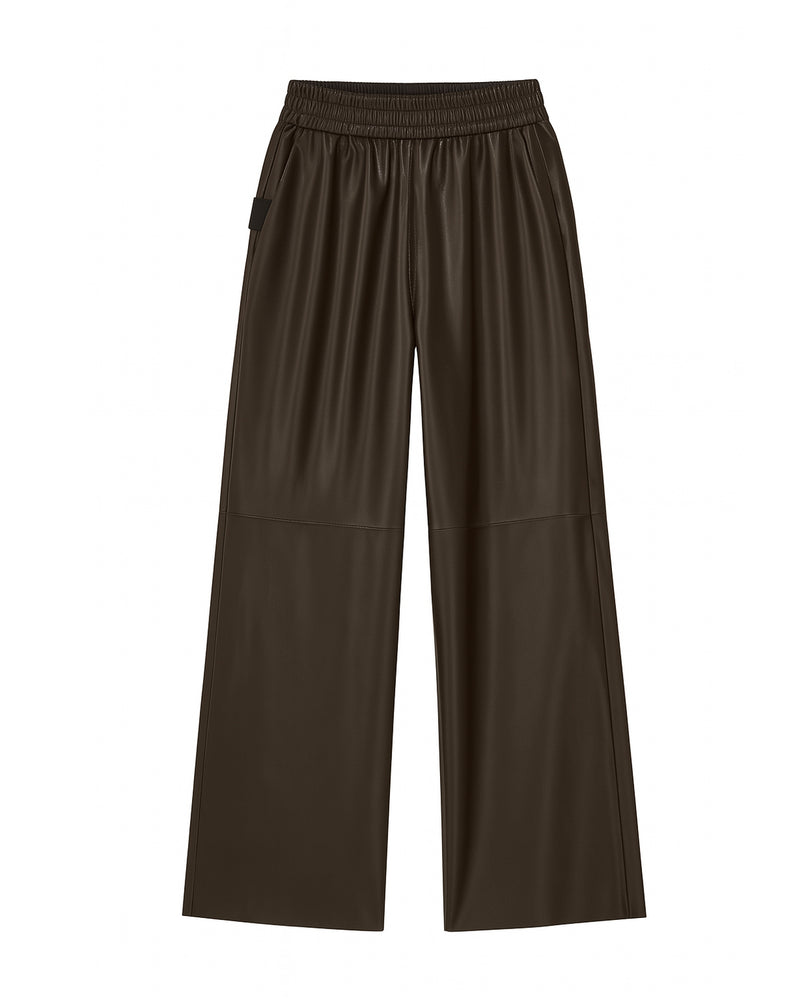 Grenn Pilot Olympia Wide Leather Pants in brown chocolate on white background well heeled vt