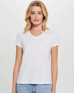 woman wearing Goldie short sleeve V Boy Tee in White well heeled stowe vt