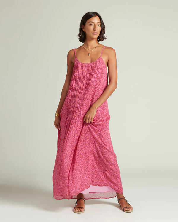 Fuchsia Pleated Paisley Silk Sundress