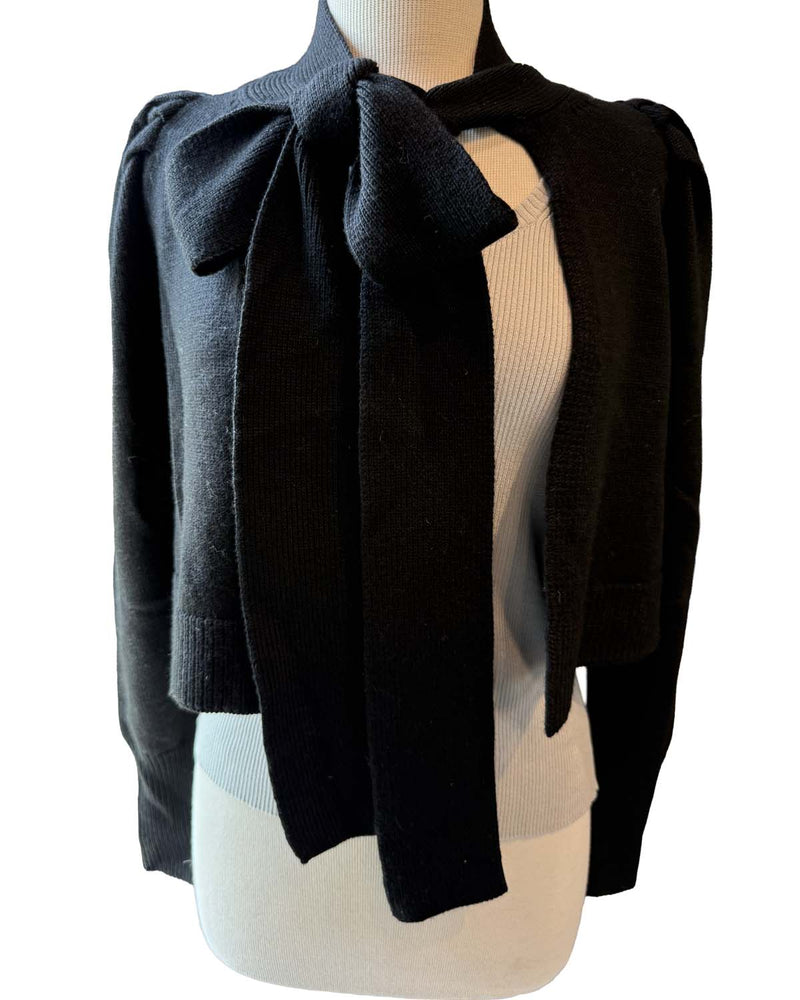Puff Sleeve Cropped Tie Cardigan | Black