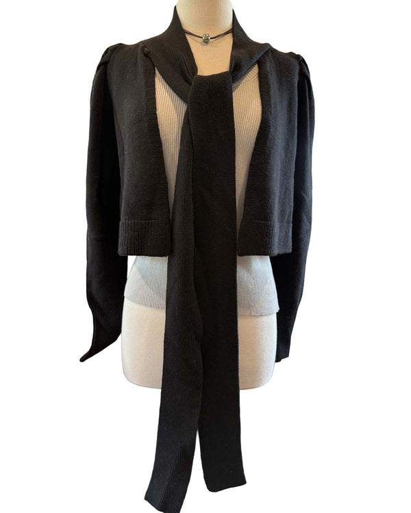 Puff Sleeve Cropped Tie Cardigan | Black