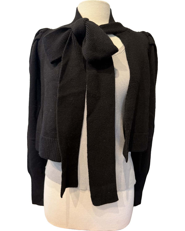 Puff Sleeve Cropped Tie Cardigan | Black