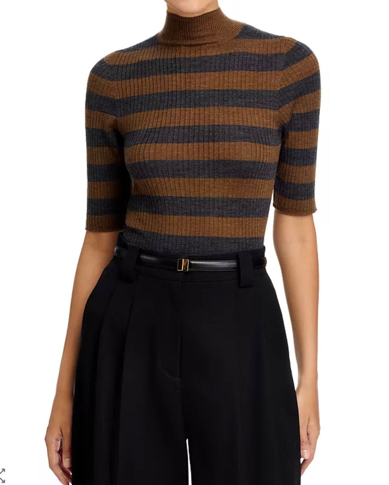 Merino Superfine Rib Knit Stripe Elbow Sleeve Turtleneck | Camel/Anthracite Chine