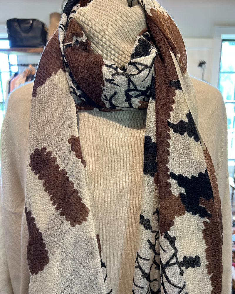 Printed Cashmere Scarf | Ivory, Black, & Wood Brown