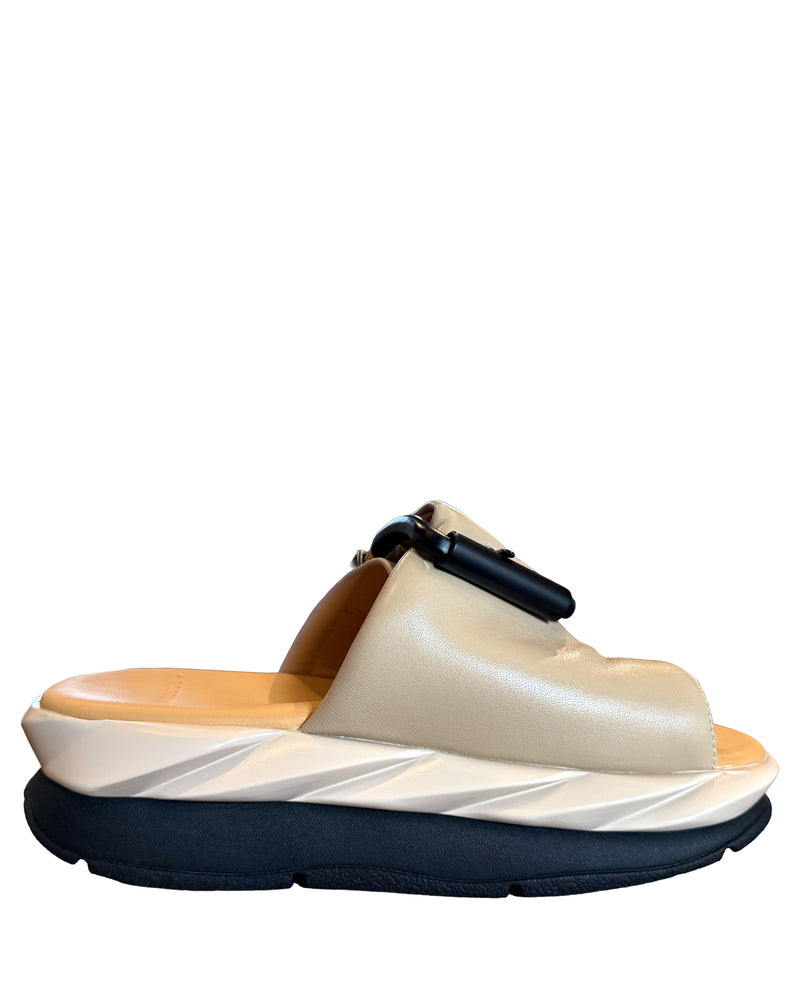 4CCCCEES Mellow Glow in Skin slip on sandal with button detail on white background well heeled vt