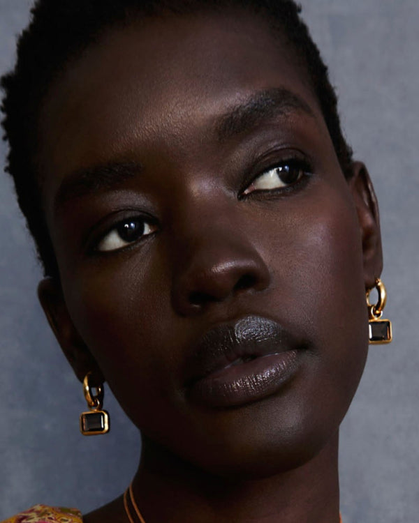 woman wearing Chan Luu Smoky Quartz Tiered Hoop Earrings well heeled boutique stowe vt