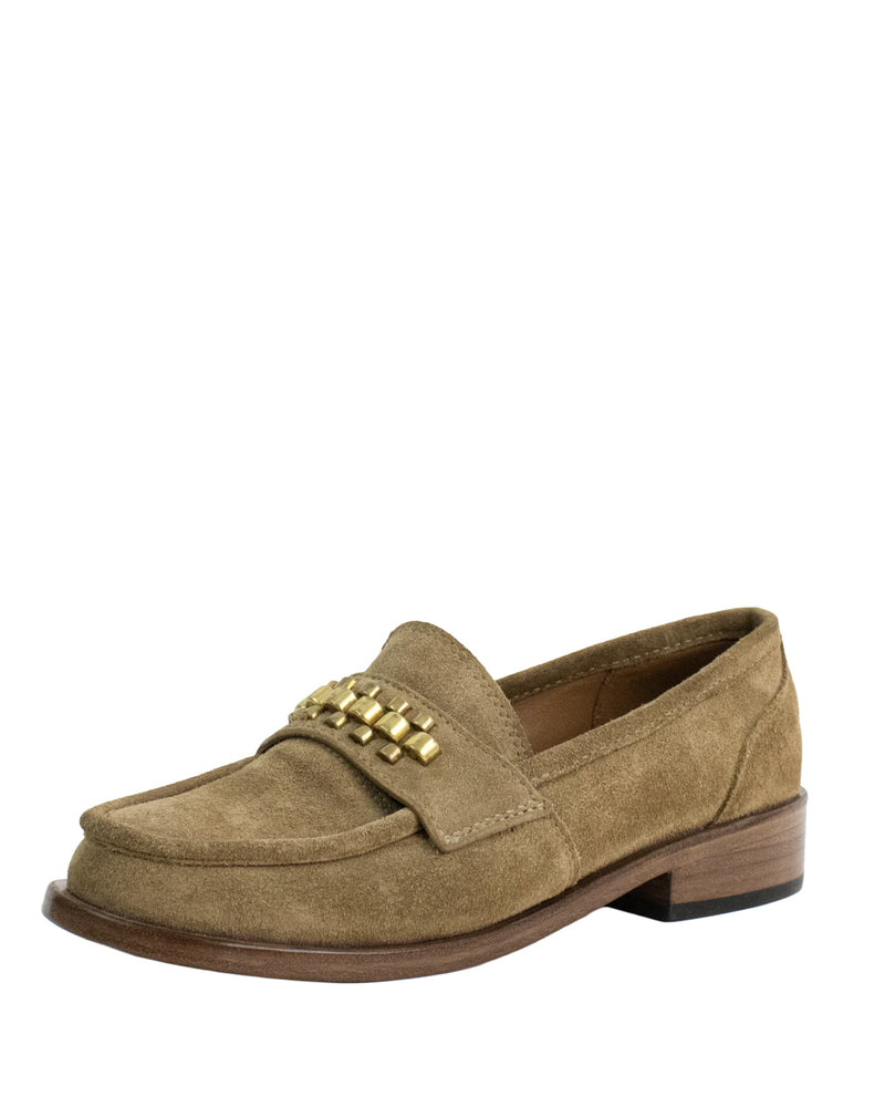 Calleen Cordero Jackson Rolex Loafer shoe in brown Biscuit Suede with Brass studded detail