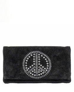 Sula Studded Peace Clutch | Black Suede