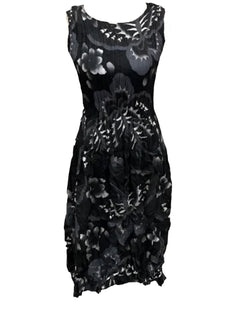 Alquema Smash Pocket Dress in Tribal Butterfly Black floral dress on a white background at well heeled stowe vt boutique