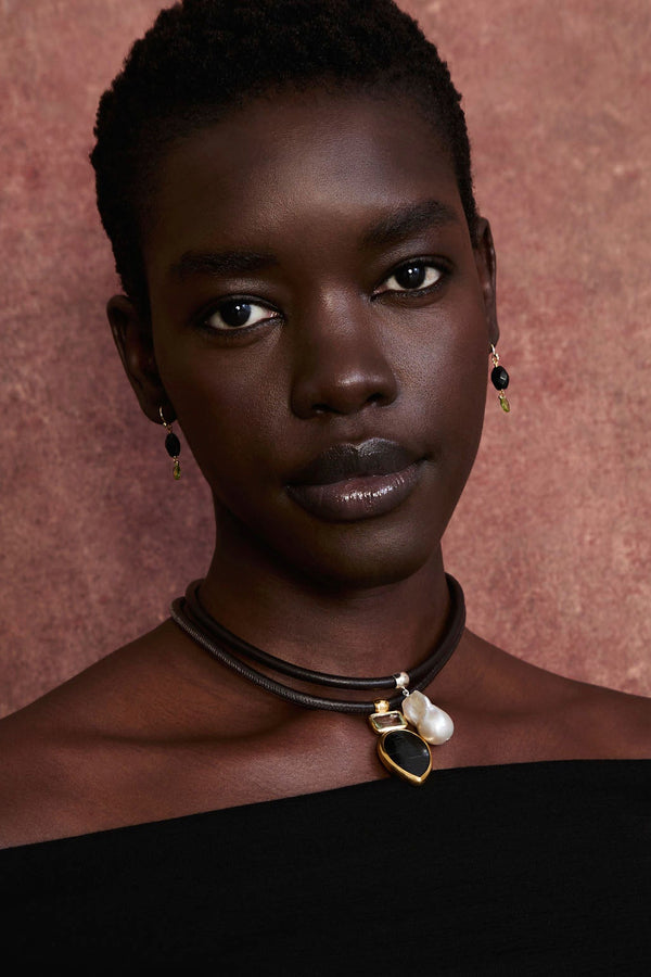 woman wearing Chan Luu Turquoise Geometric Necklace on Leather well heeled stowe vt