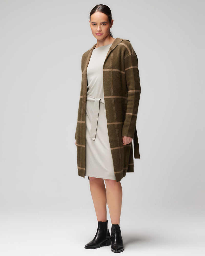 Soft Knit Windowpane 3/4 Sleeve Cardigan | Bison Noir