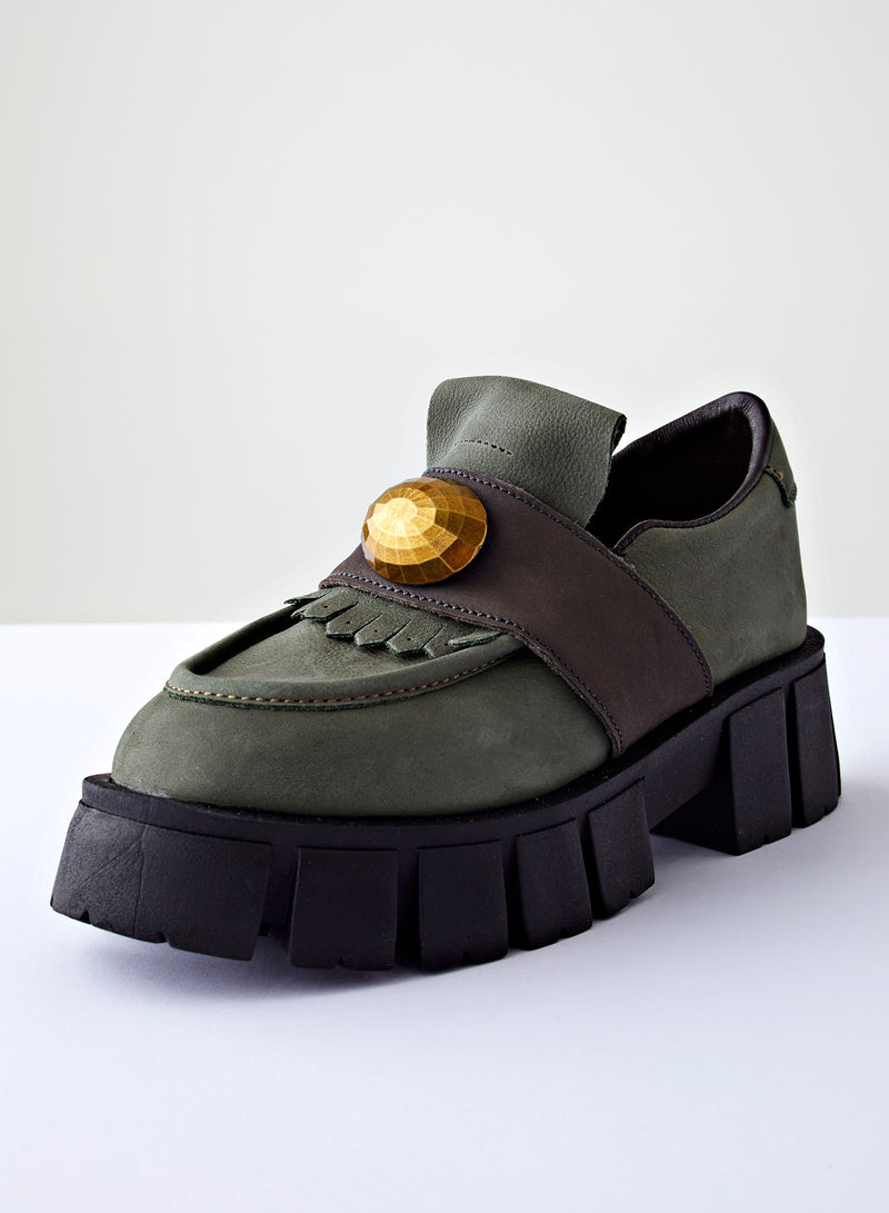 Chunky Suede Loafer with Gold | Olive Carbon