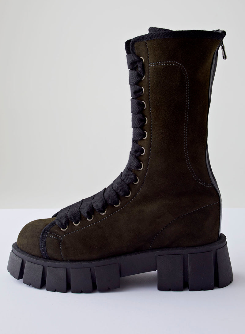Chunky Sole Lace Up Boot | Dark Green Brown