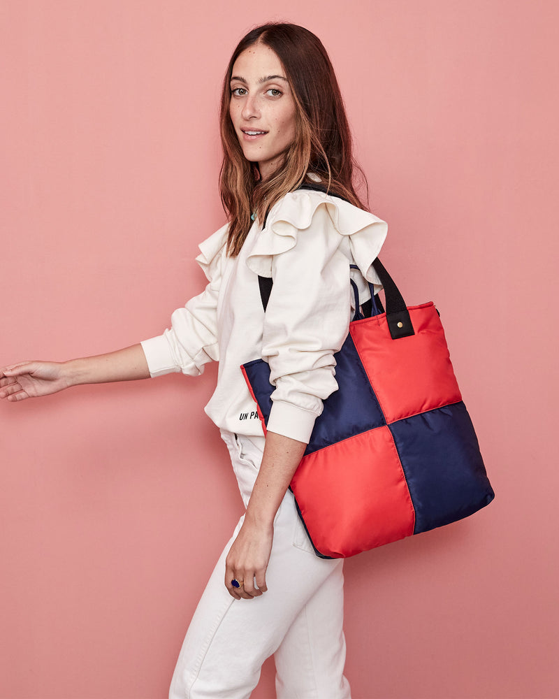Annie Quilted Puffer Tote | Navy & Red