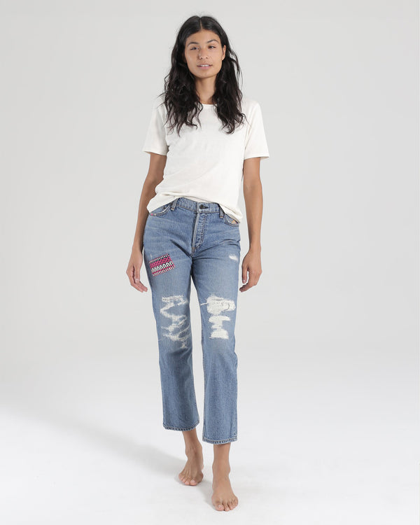 High Rise Embroidered Straight Jean