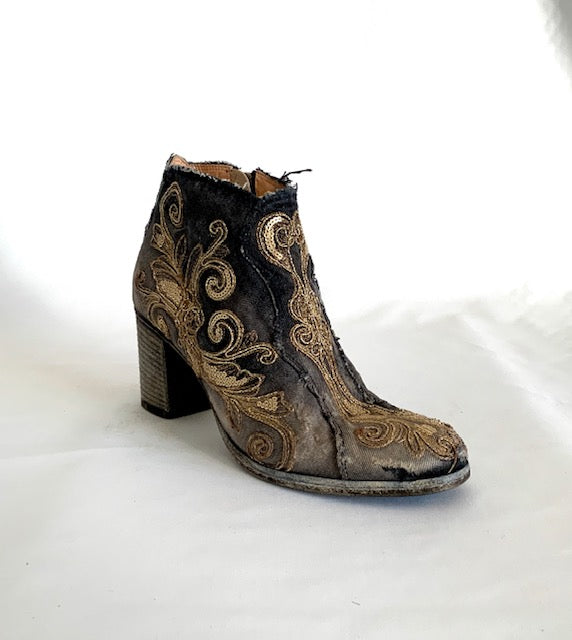 Jean Embroidered Bootie | Black & Gold