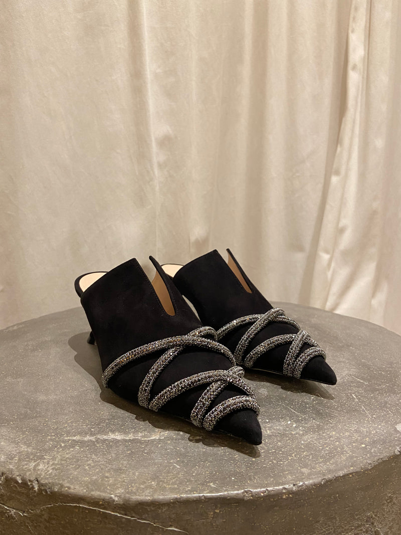 High Heel Mule Crystal Wrap Sandal | Black Suede
