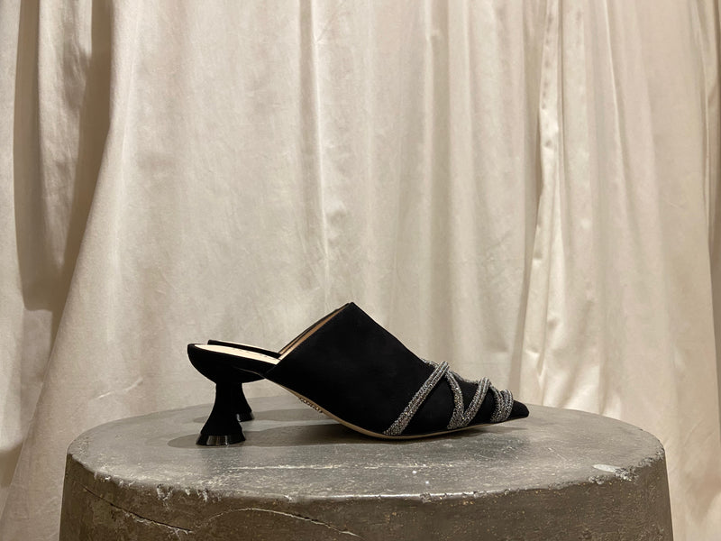 High Heel Mule Crystal Wrap Sandal | Black Suede