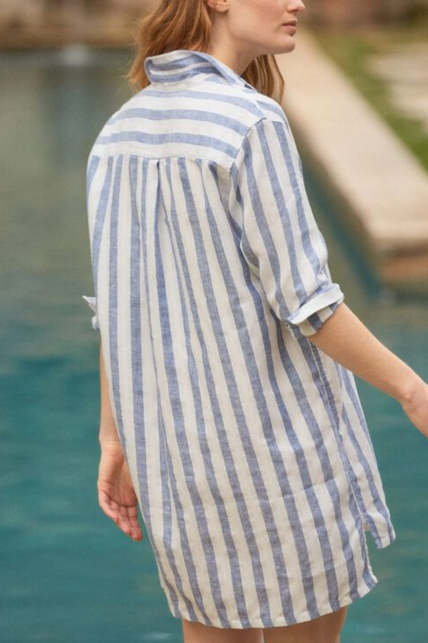 Hunter Linen Dress Wide Blue Stripe Well Heeled