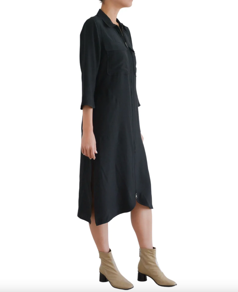 Trina Silk Duster Dress with Double Zip | Black