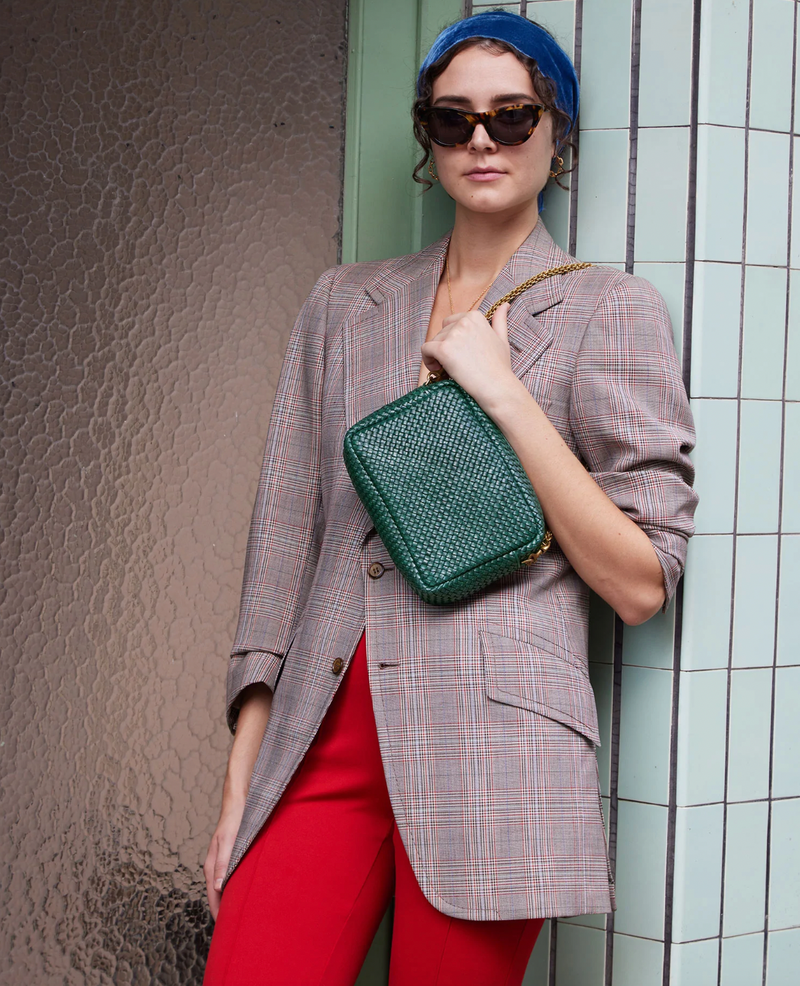 Natural Woven Checker Midi Sac