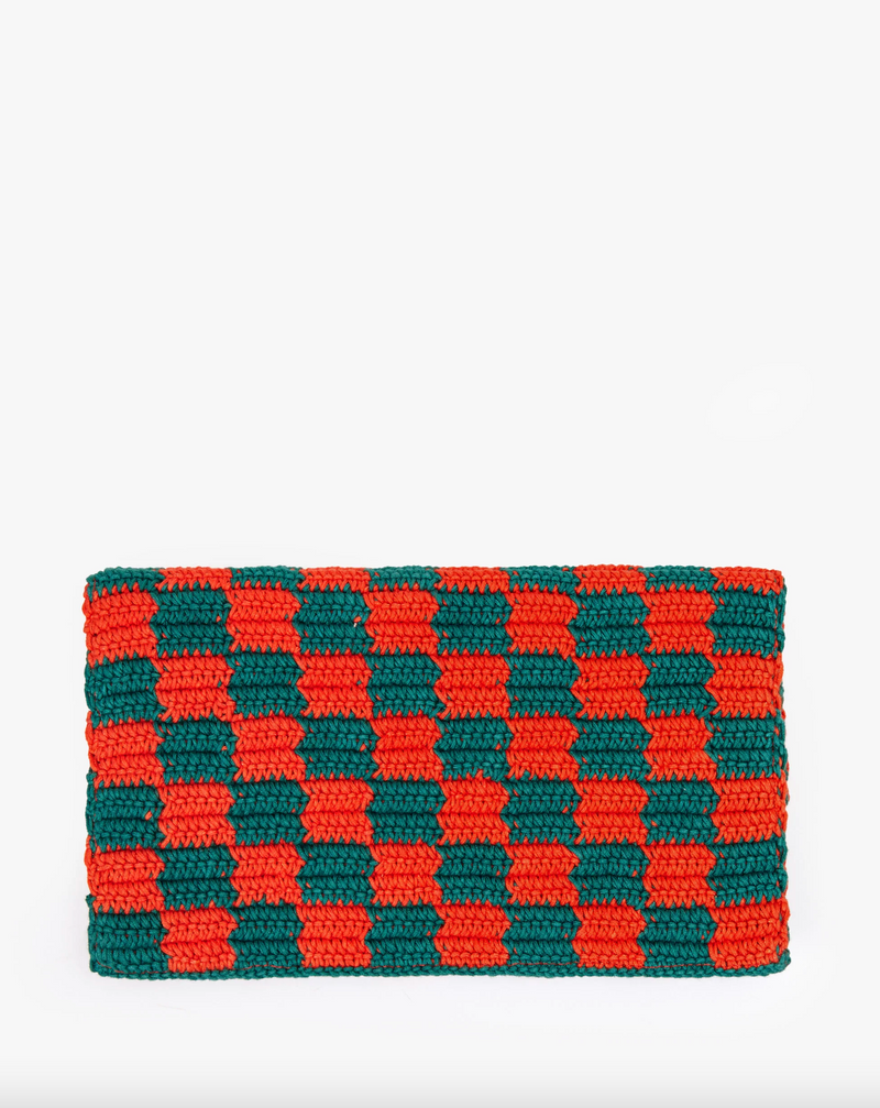 Foldover Clutch with Tabs | Deep Sea & Blood Orange Crochet Checker
