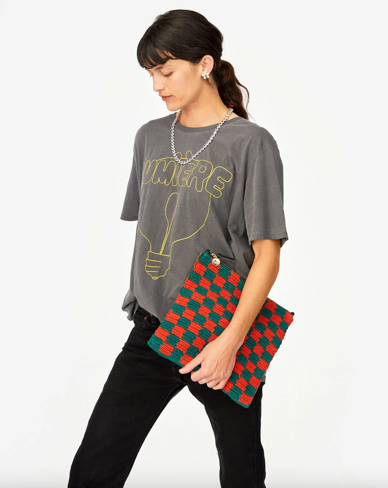 Foldover Clutch with Tabs | Deep Sea & Blood Orange Crochet Checker