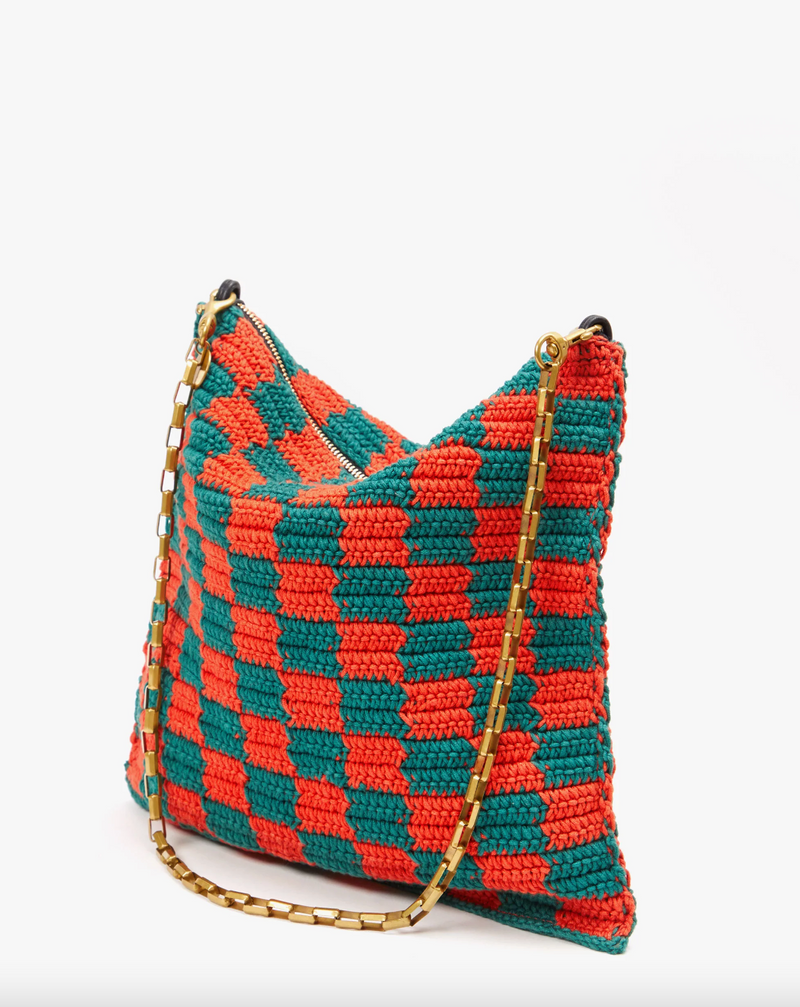 Foldover Clutch with Tabs | Deep Sea & Blood Orange Crochet Checker