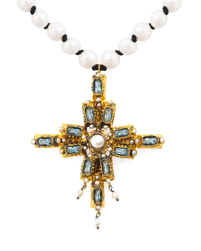 Long Aquamarine & Gold Cross Necklace