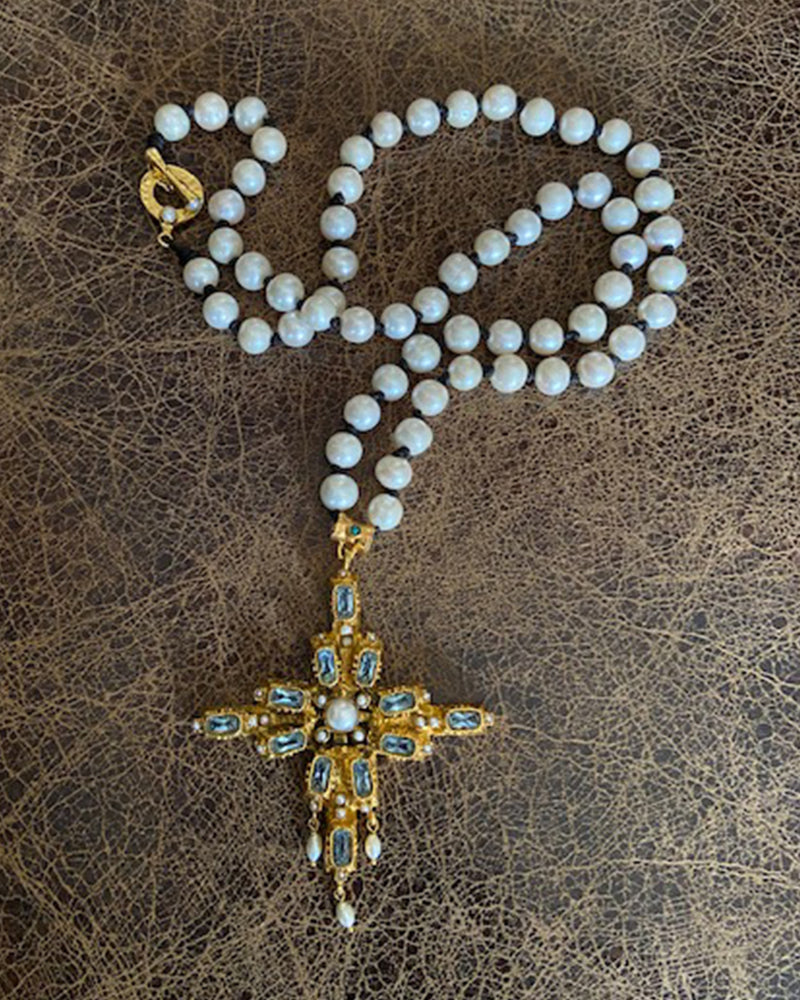 Long Aquamarine & Gold Cross Necklace