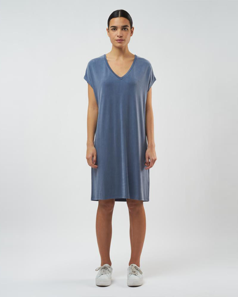 Cupro V Neck Dress | Vintage Blue