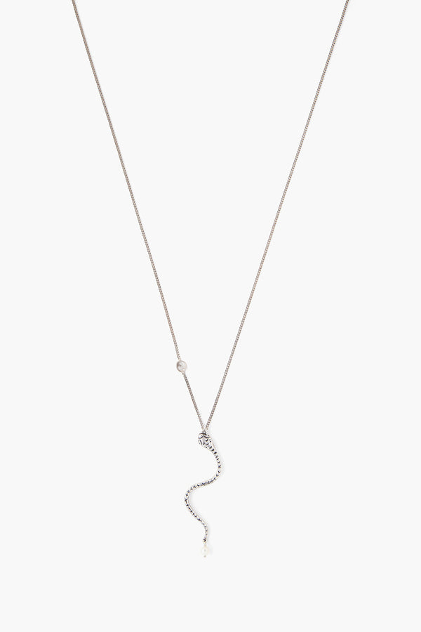 Fine Silver Chain Necklace With Snake, Pearl & Diamond Accent