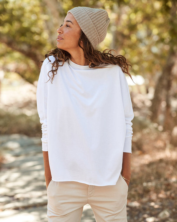 Effie Long Sleeve Funnel Neck Capelet Tee | White