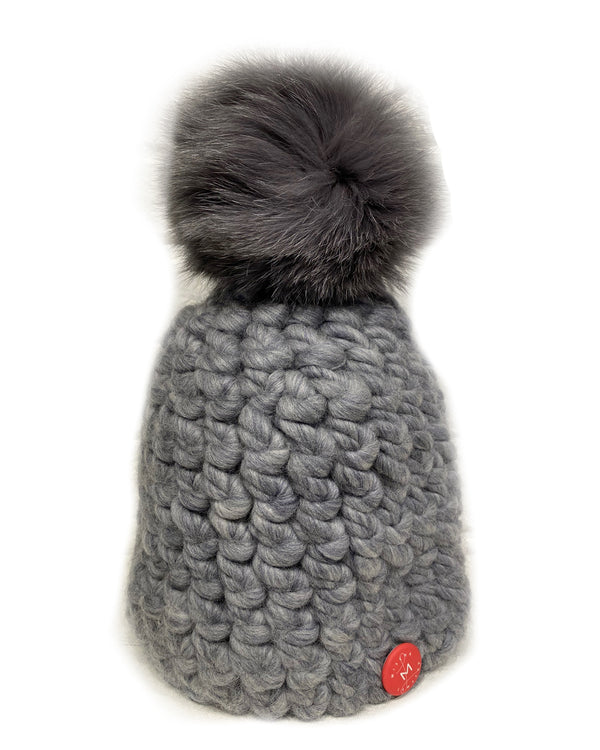 Solid Deep Grey Beanie with Grey Pom
