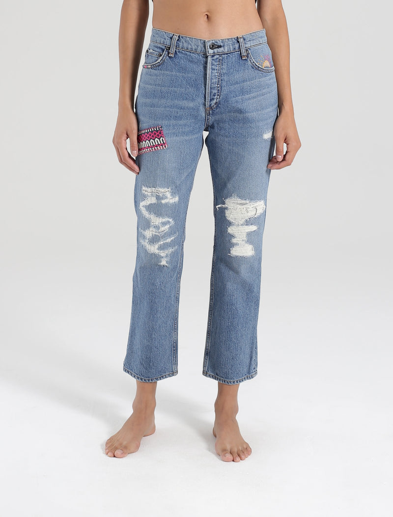 High Rise Embroidered Straight Jean