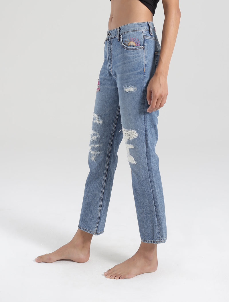 High Rise Embroidered Straight Jean
