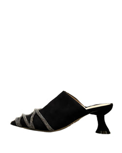 High Heel Mule Crystal Wrap Sandal | Black Suede