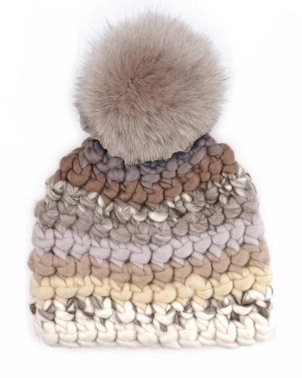 Deep Beanie Pomster Neutral Stripe