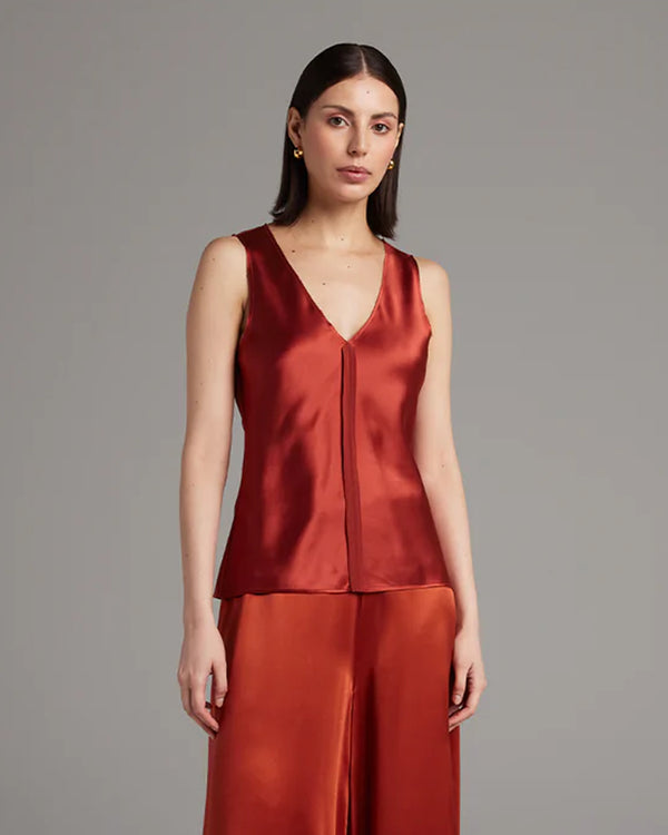 Raw Center Hem Silk Charmeuse Top | Tomato