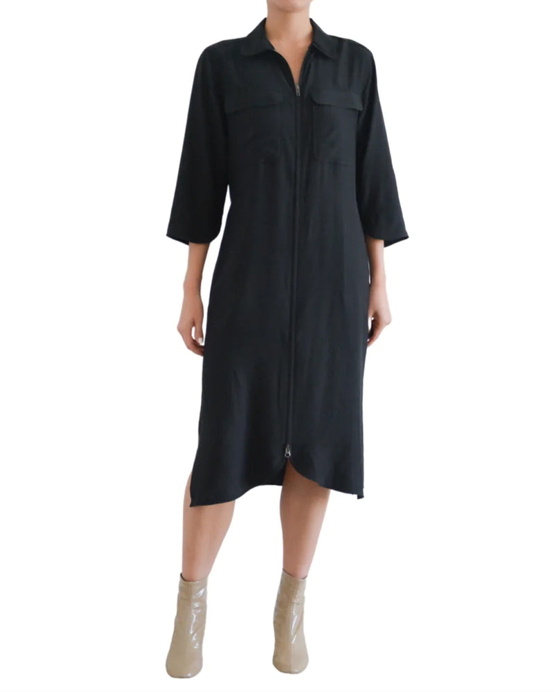 Trina Silk Duster Dress with Double Zip | Black