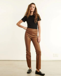 Leather Ankle Flare Pants with Princess Seams I Walnut